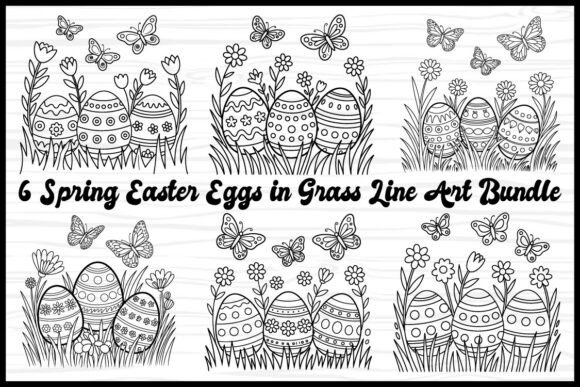6 Spring Easter Eggs in Grass Line Art Graphics