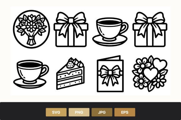 Black White Gift Coffee Cake Icons: Graphics & Illustrations
