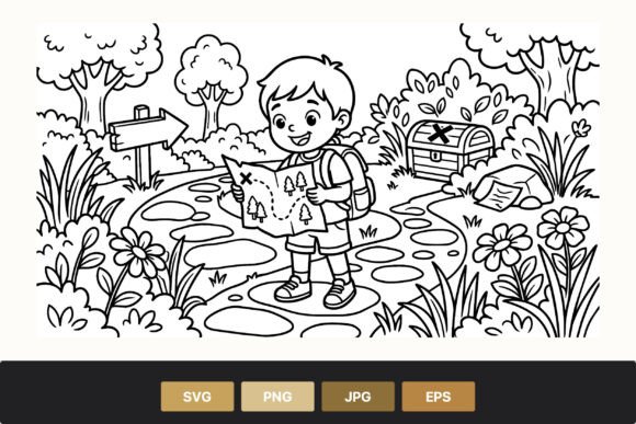 Boy Holding Treasure Map Forest: Graphics & Illustrations