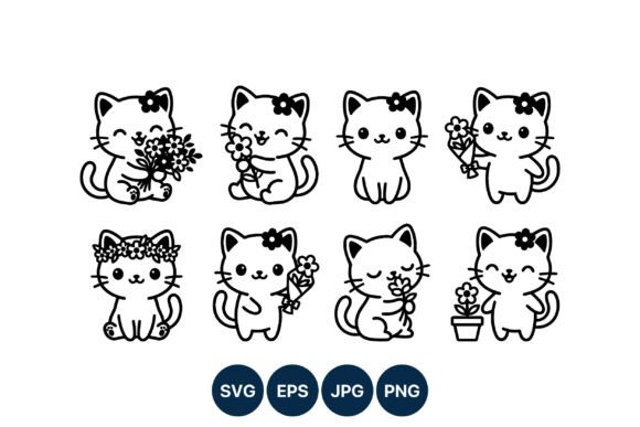 Cute Cat Flower Line Art Vector: Graphics & Illustrations