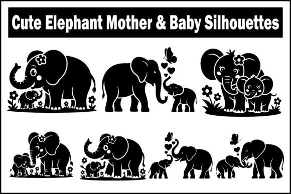 Cute Elephant Mother Baby Silhouettes: Graphics & Illustrations