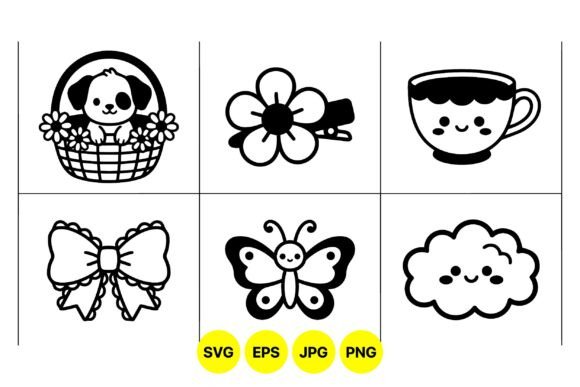 Cute Kawaii Black Line Icons for Graphics and Illustrations