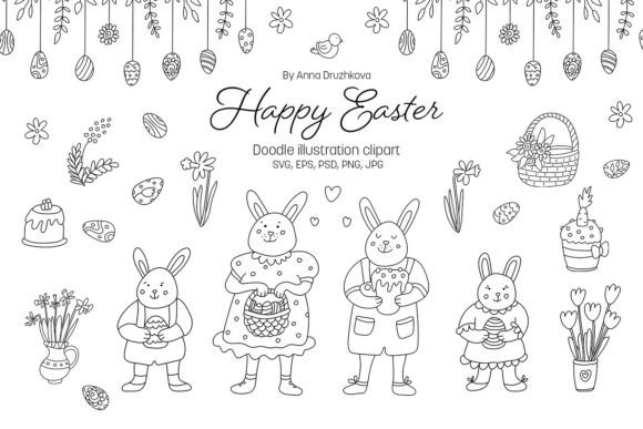 Happy Easter Doodle Clipart SVG: Graphics & Illustrations