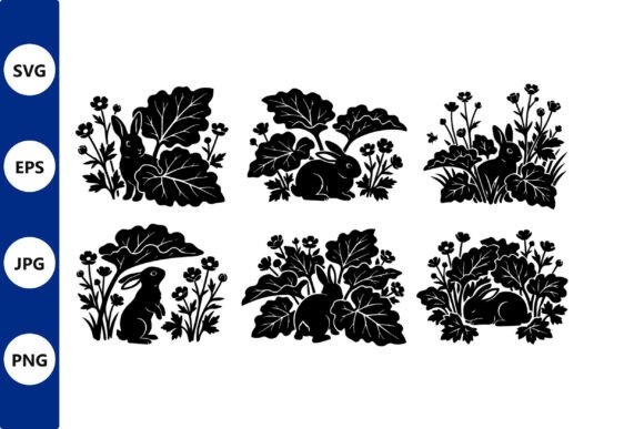 Rabbit Silhouettes Garden Line Art Black Graphics
