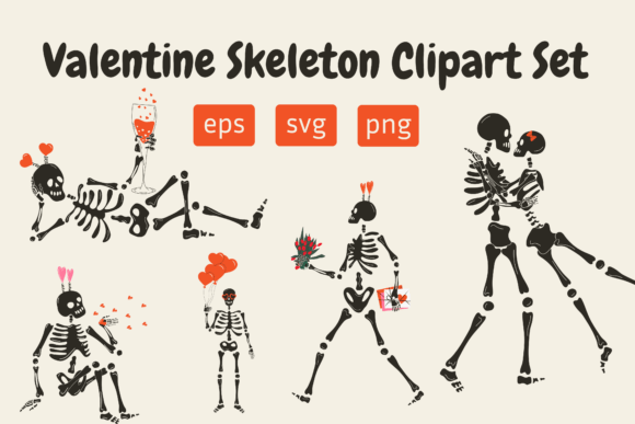 Valentine Skeleton Clipart Set: Fresh Graphics & Illustrations
